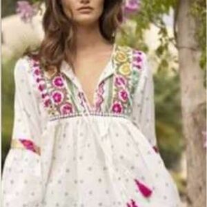 Miss June Paris Colorful Boho Peasant Tassle Embroidered Top Cottage Cotton
